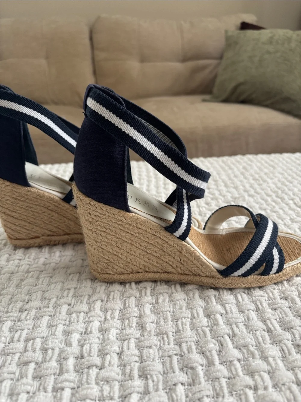 Polo by Ralph Lauren Navy & White Striped Wrap Espadrille Wedges